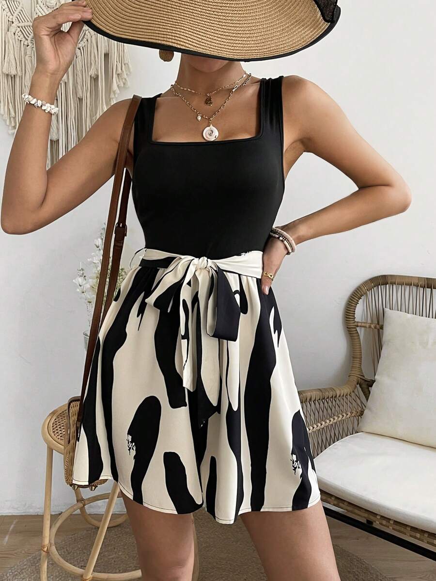 Breezaya Pattern Printed Sleeveless Romper With Waist Belt - Black - View 1