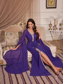 女式超长 V 领雪纺连衣裙，超长袖，朴素卡夫坦阿拉伯连衣裙 - 紫色 - 查看 6