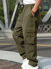 Pantalones cargo casuales de unicolor y holgados con cordón para hombres - Verde militar - Ver 3
