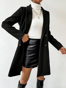 SHEIN PETITE 女款雙排扣純色大衣 秋冬外套，適合小個子女性 - 黑色 - 查看 4