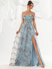 透明肩部花卉印花高开叉吊带背心蓝色晚礼服优雅舞会婚礼宾客礼服，适合毕业典礼、晚宴 - 淺藍色 - 查看 3