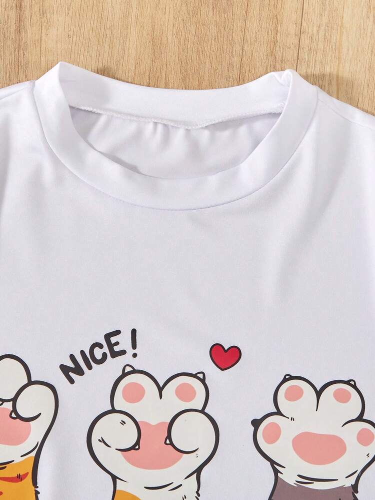 Camiseta De Niñas Adolescentes Con Estampado De Dibujos Animados Y Letras - Blanco - Añade 3