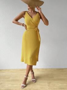 Chiquease Wrap Neckline Sleeveless Belted Dress - Yellow - View 3