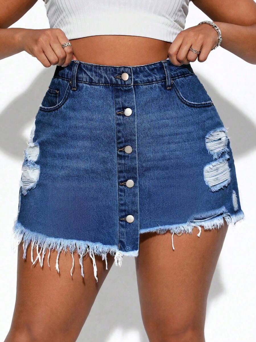 Plus Ripped Raw Cut Asymmetrical Hem Denim Skort - Medium Wash - View 1