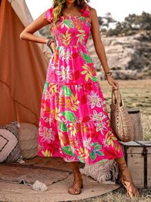 Breezaya Women's Plant Print Shirred Dress With Flounce Hemline - Multicolor - View 3