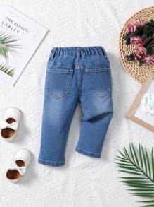 Baby Girl Mid Wash Embroidered Stretch Denim Jeans - Medium Wash - View 2