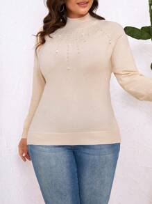 SHEIN LUNE Plus Size Women's Slim Fit Sweater With Pearl Embellishment Fall Winter Cloth For Women