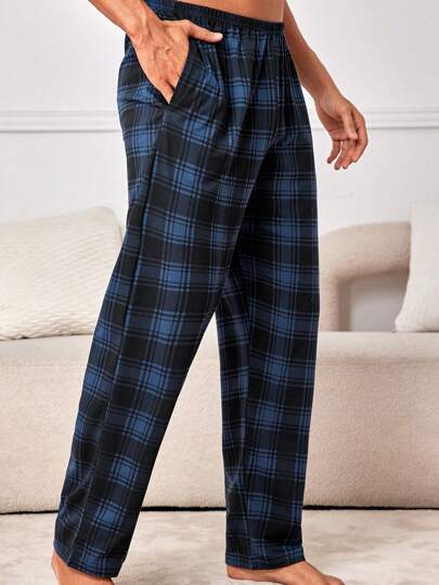 Men's Royal Blue Plaid Cropped Casual Sleep Pants With Pockets Medium Stretch Fabric Comfortable Loungewear Bottoms, Fall, Winter
