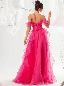 VIPGIRL Elegant Off-Shoulder Mesh High Waist Women's Evening Gown Formal Prom Wedding Guest Dress, For Graduation, Dinner - Pink - View 3