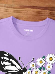INAWLY T-shirt À Manches Courtes Pour Femmes Grandes Tailles Imprimé De Papillon Et De Marguerite - Parme - Voir 6