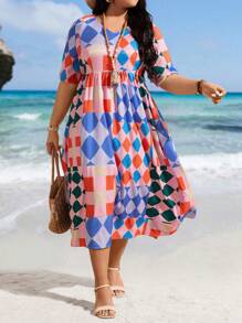 Calvaya Plus Size Women's Short Sleeve Geometric Print Dress - Multicolor - View 4