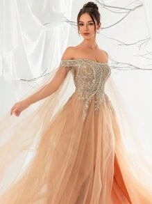 VIPGIRL 1 件露肩亮片装饰长款女士网眼礼服优雅长袖舞会晚会婚礼宾客礼服，适合毕业典礼、晚宴派对礼服 - 香檳色 - 查看 4