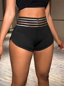 SHEIN SXY Women's Mesh Ribbon Waist Short Leggings - Black - View 3