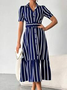 SHEIN Clasi 豎條紋印花泡泡袖女襯衫洋裝 - 藏蓝色 - 查看 3