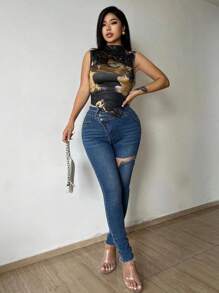 VaVaBold Áo tank top nữ in hình nhân vật hoạt hình, cổ đứng, xếp ly, thích hợp mặc mùa hè. - Nhiều màu - Xem 5