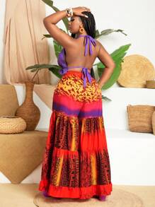 Slaydiva Snake & Leopard Print Off Shoulder Colorblock Vest And Pants Set