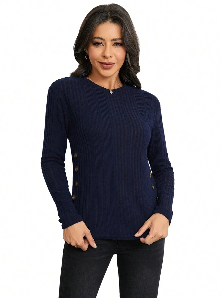 Button Detail Ribbed Knit Tee Fall Cloth For Women
