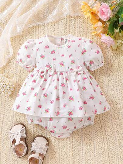 女嬰短袖泡泡袖花卉印花蝴蝶結裝飾連身衣