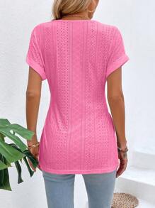 SHEIN LUNE Xu hướng: Cắt giảm Thêu Vá lại Ren Bên Khe Áo thun - Màu Hồng Tươi - Xem 2