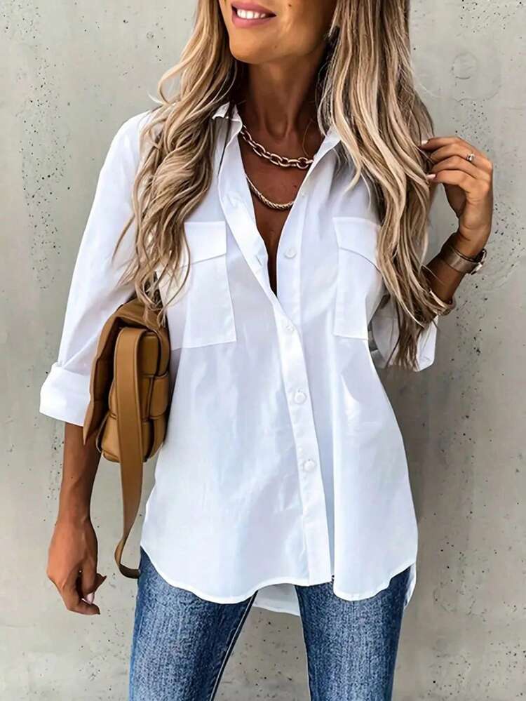 Women's Pocketed Asymmetrical Hem Shirt With Front Short And Back Long Design,Long Sleeve Tops Fall Cloth For Women