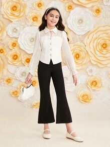 SHEIN Tween Girls' Cute European Organza Shirt With Sheer Sleeves, Faux Pearl Button Up Blouse