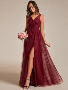Elegant Deep V-Neck Split Back Bridesmaid Dress For Wedding - Burgundy - View 5