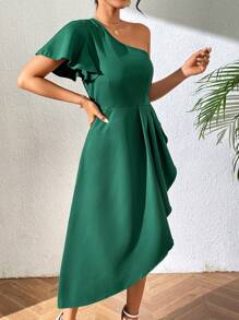 Chiquease Women's Solid Color Asymmetrical Neckline With Pleats And Slits Dress - Dark Green - View 3