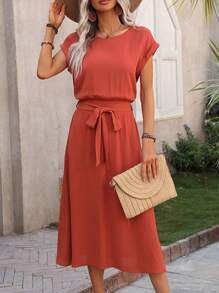 SHEIN LUNE Round Neck Batwing Sleeve Belted Dress - Burnt Orange - View 5