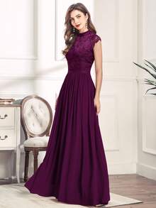 MIUSOL Elegant Floral Lace Mock Neck Cap Sleeve Pleated Hem Prom Party Dress - Maroon - View 7