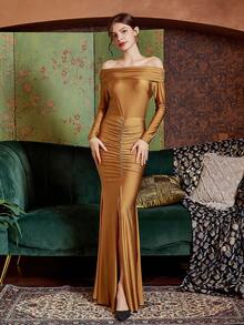 Long Sleeve Slim Fit Evening Party Dress - Brown - View 1