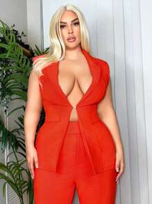 SHEIN SXY Red Elegant Plus Size Women's Shoulder Padded Sleeveless Waistcoat With Metal Buckle & Waist Shaping,Summer Party Club Birthday Bachelorette - Orange - View 6