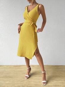 Chiquease Wrap Neckline Sleeveless Belted Dress - Yellow - View 1