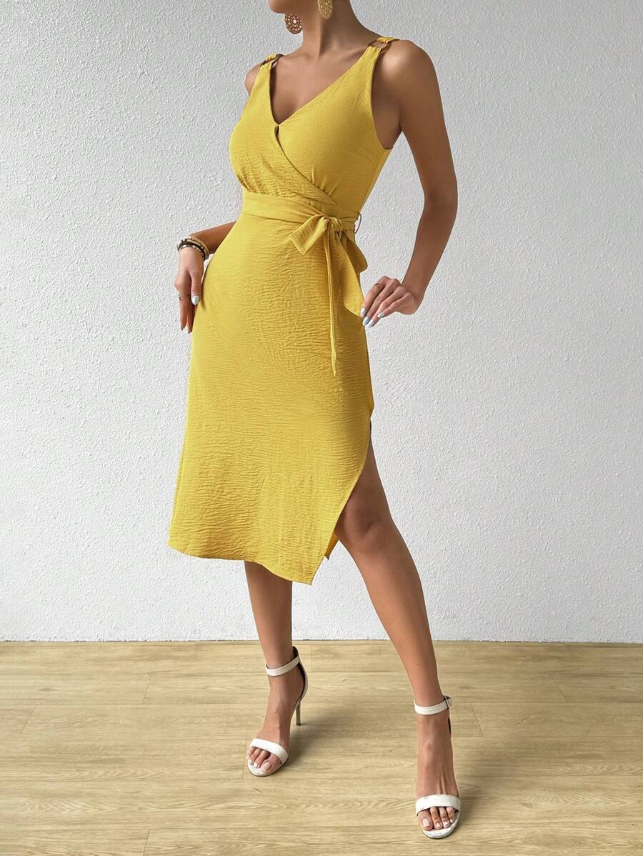 Chiquease Wrap Neckline Sleeveless Belted Dress - Yellow - View 1