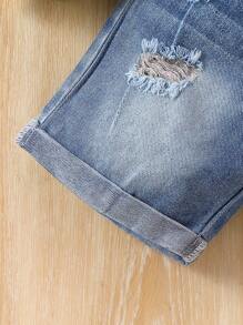 Ensemble 2 Pièces Pour Garçon Composé De Chemise À Imprimé Palmier Décontractée Et De Short En Jean Déchiré Bleu Clair Lavé À Taille Élastique, Pour Les Vacances