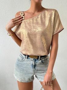 SHEIN Privé 女士不對稱領口金屬蝙蝠短袖襯衫 - 金色 - 查看 3