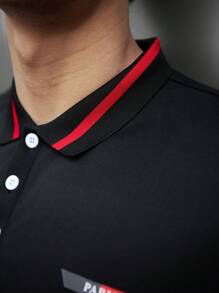 Manfinity Homme Camisa De Polo De Mangas Cortas Decorada Con Rayas Para Hombres - Negro - Ver 4