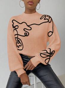 SHEIN LUNE Women's Stand Collar Drop Shoulder Long Sleeve Sweater With Pattern Design, Knit Pullover Fall Winter - Orange - View 3