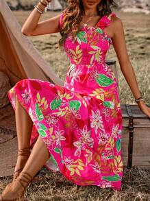 Breezaya Women's Plant Print Shirred Dress With Flounce Hemline - Multicolor - View 6