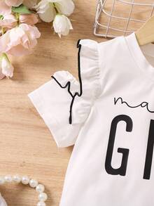 SHEIN 少女字母印花短袖t恤,褶邊設計 - 白色 - 查看 4