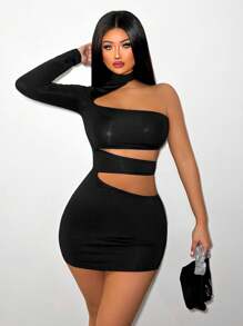 Sirith Vestido de mujer de manga larga y un solo hombro con diseño hueco - Negro - Ver 1