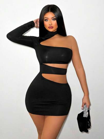 Sirith Vestido de mujer de manga larga y un solo hombro con diseño hueco