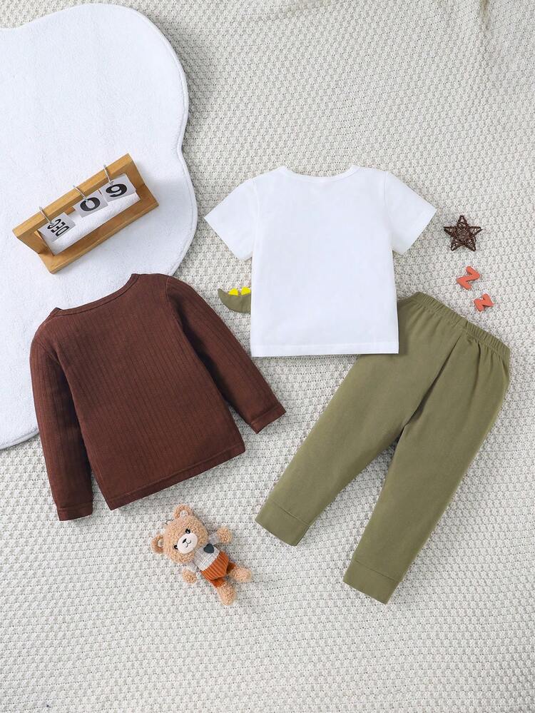 Baby Boys' Cute Crocodile Pattern Long Pants, Long Sleeve And Short Sleeve 3pcs Home Wear Set