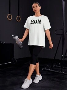 Powerista Letter Print Drop Shoulder Sports T-Shirt Gym Women Shirts