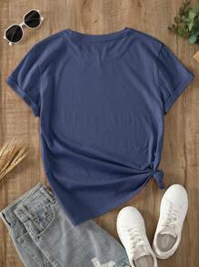 INAWLY 女式字母印花短袖 T 恤图案 T 恤女式上衣 - 藏蓝色 - 查看 2