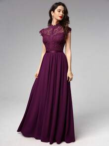 MIUSOL Váy Maxi dự tiệc sang trọng bằng vải voan ren hoa cổ giả, đầm dự tiệc thanh lịch dành cho nữ, đầm dạ hội trang trọng, đầm dạ hội, dành cho khách dự tiệc cưới, tốt nghiệp, tiệc tối - Màu Tím - Xem 6