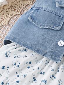 SHEIN Vintaside Kids 嬰兒女孩背心配花卉裙套裝,單排扣閉合 - 薄荷藍 - 查看 6