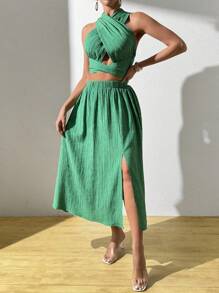 Chiquease Women's Solid Color Hollow Out Top & Side Split Skirt Set - Green - View 5