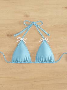 SHEIN Swim Áo bikini tam giác trang trí nơ cho nữ mùa hè - Màu xanh lam - Xem 5