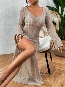 Breezaya 女式鑽孔高側分割針織連衣裙 - 卡其色 - 查看 6