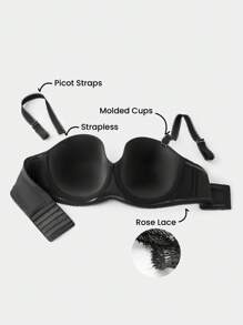 LUVLETTE Lencería sexy de talla grande, sostén de encaje sin tirantes push-up - Negro - Ver 2